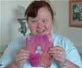 Jill from Newton Aycliffe holding her textile tales book